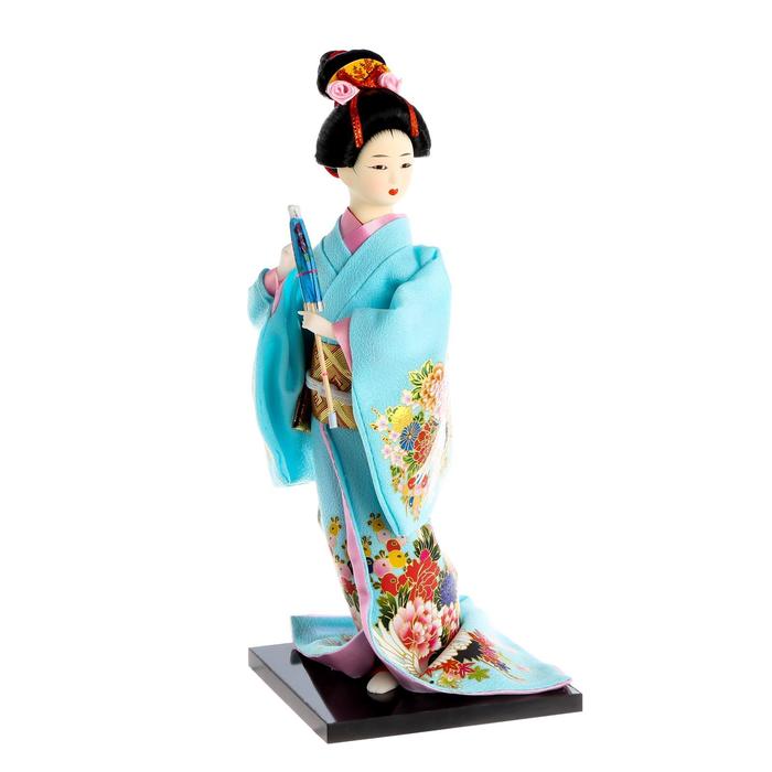 Кукла коллекционная "Японка в голубом кимоно с зонтом" 30х12,5х12,5 см - фото 1898199012