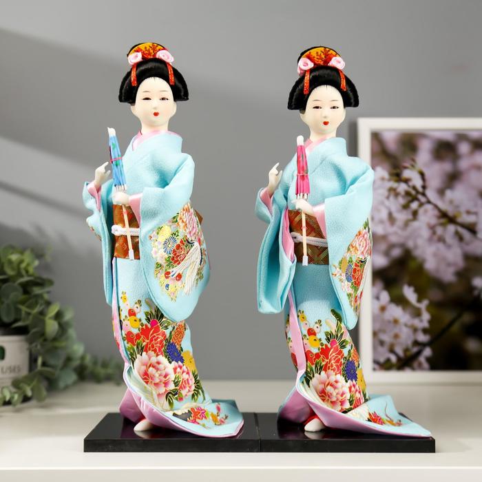 Кукла коллекционная "Японка в голубом кимоно с зонтом" 30х12,5х12,5 см - фото 1877496519