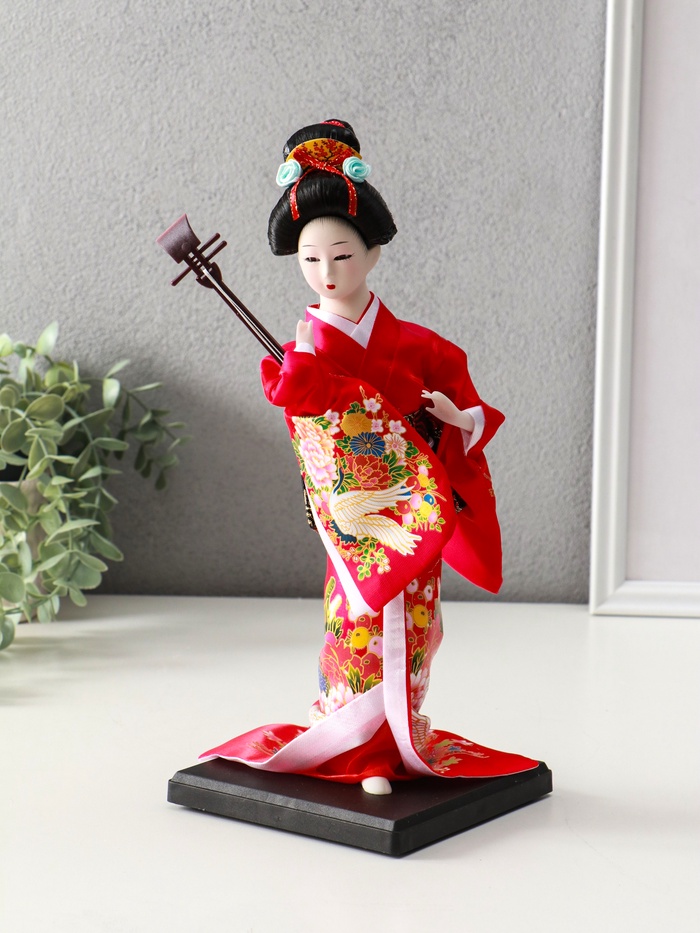 Кукла коллекционная «Японка в цветочном кимоно с музыкальным инструментом», 30×12.5×12.5 см - Фото 1