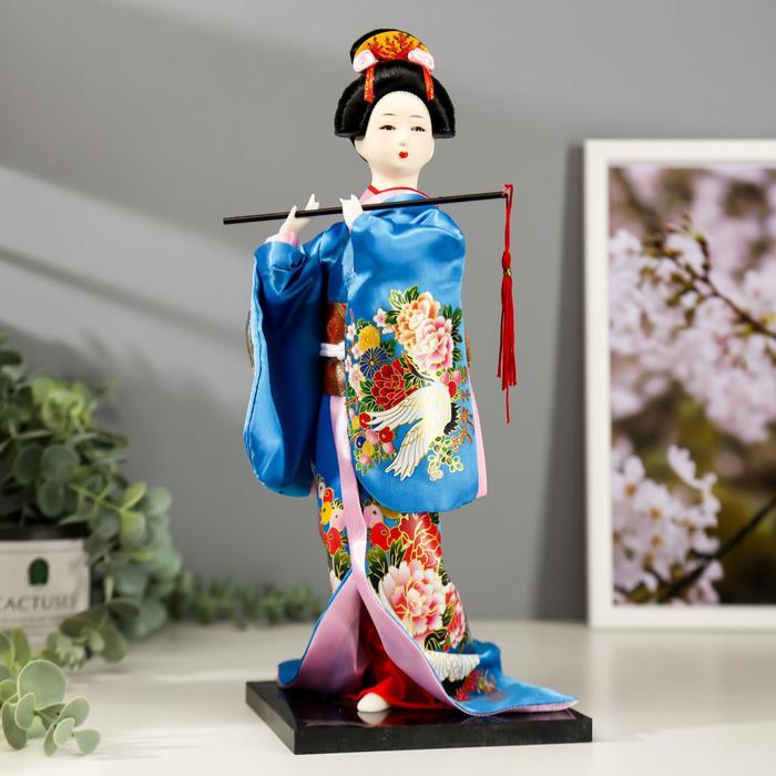 Кукла коллекционная "Японка в шелковом голубом кимоно с флейтой" 30х12,5х12,5 см - фото 1895247462