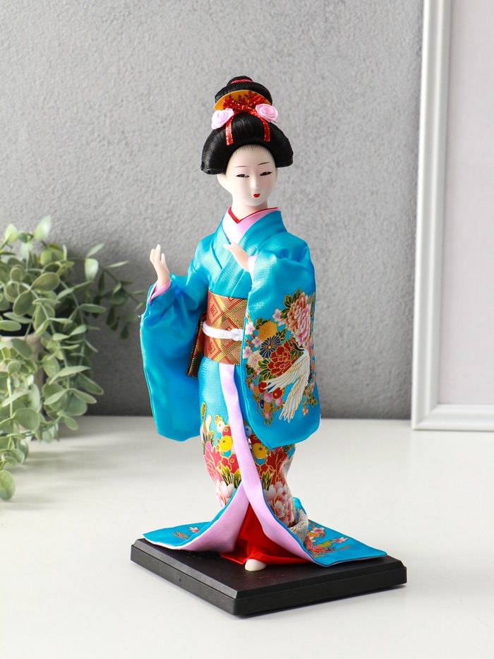 Кукла коллекционная «Японка в шелковом голубом кимоно с флейтой», 30×12.5×12.5 см - Фото 1