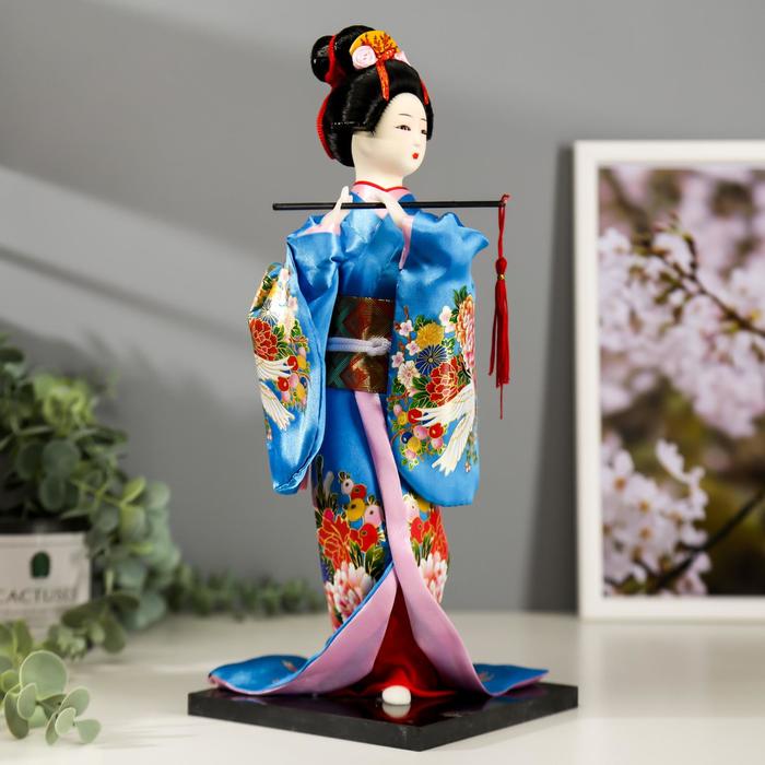 Кукла коллекционная "Японка в шелковом голубом кимоно с флейтой" 30х12,5х12,5 см - фото 1895247463