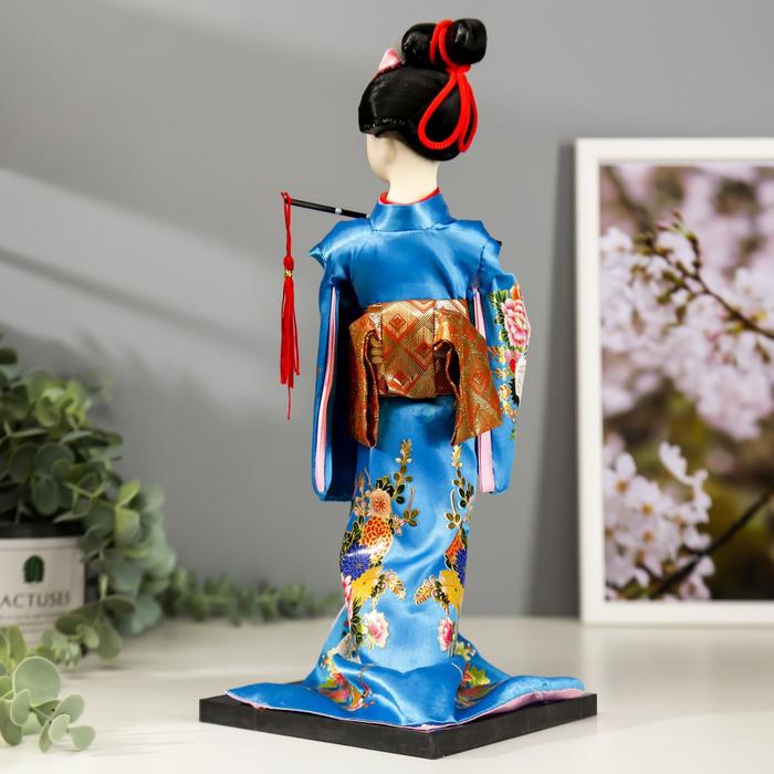 Кукла коллекционная "Японка в шелковом голубом кимоно с флейтой" 30х12,5х12,5 см - фото 1895247465