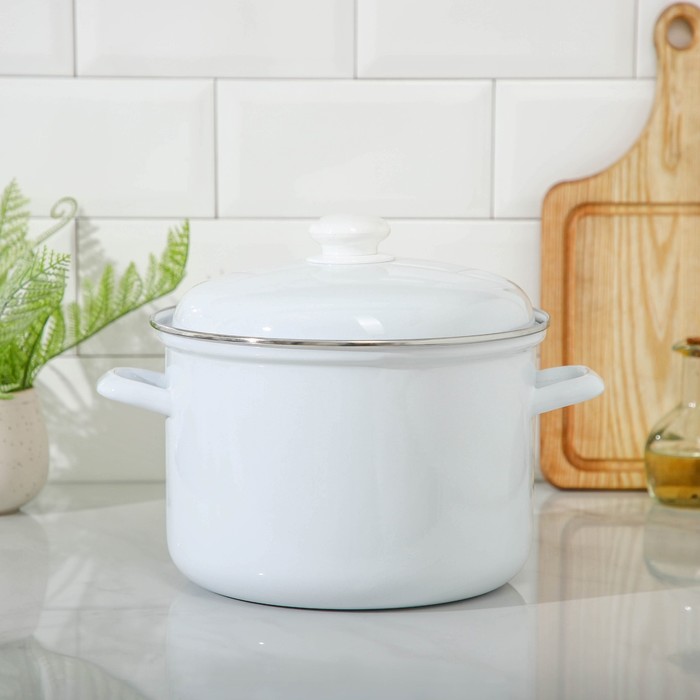 Кастрюля эмалированная, 6 л, d=24 см, без деколи, цилиндрическая, индукция, белая - Фото 1