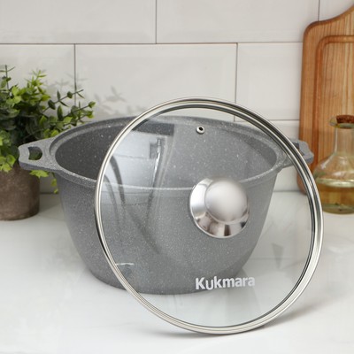Кастрюля KUKMARA «Мраморная», 4 л, d=26 см, h=14 см, стеклянная крышка, антипригарное покрытие, литой алюминий, серая