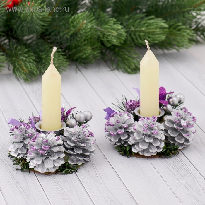 подсвечник шишка со свечой фиолет (набор 2 шт) 10*26 см - Фото 1