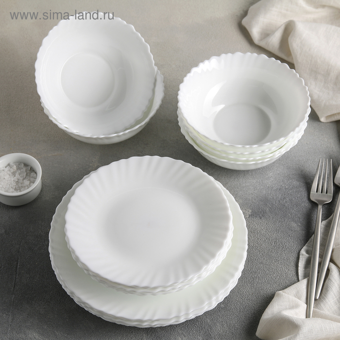 Сервиз столовый Доляна «Дива», 18 предметов: 6 тарелок d=17,5 см, d=23 см, 5×5 см, стеклокерамика, цвет белый - Фото 1