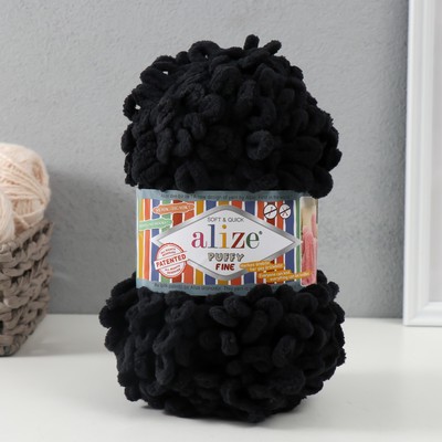 Плюшевая пряжа для вязания руками ALIZE, Puffy fine, 100% микрополиэстер, 14.5 м/100 г, (60 чёрный)