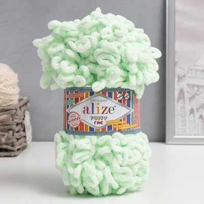 Плюшевая пряжа для вязания руками ALIZE, Puffy fine, 100% микрополиэстер, 14.5 м/100 г, (464 мятный)