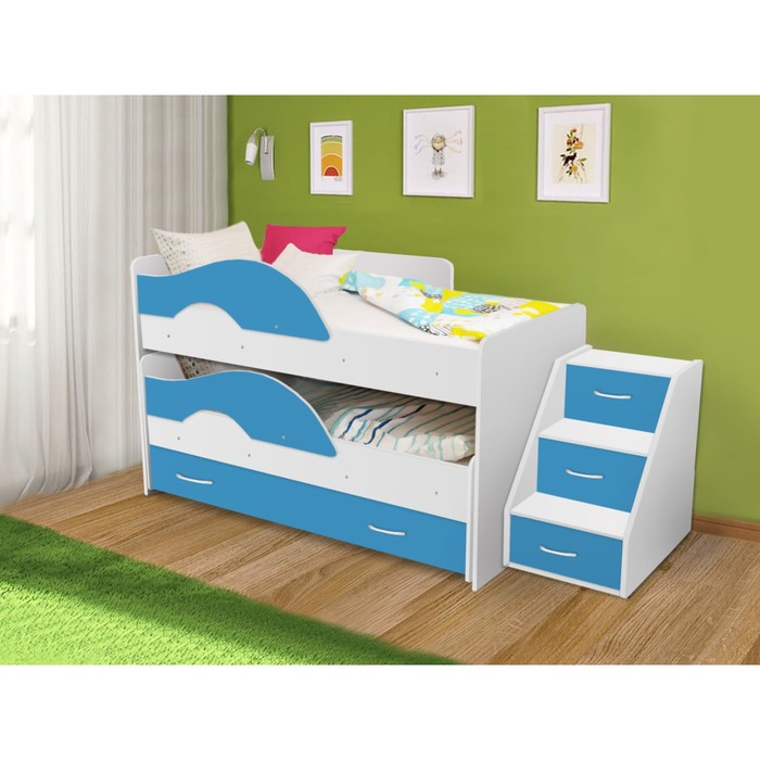 Кровать двухъярусная выкатная Матрешка Синий/белый 800х1600 с ящиком и лестницей