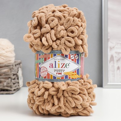 Плюшевая пряжа для вязания руками ALIZE, Puffy fine, 100% микрополиэстер, 14.5 м/100 г, (415 песочный)