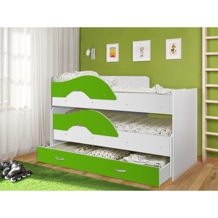 Кровать двухъярусная выкатная Матрешка Зеленый/белый 800х1600 с ящиком