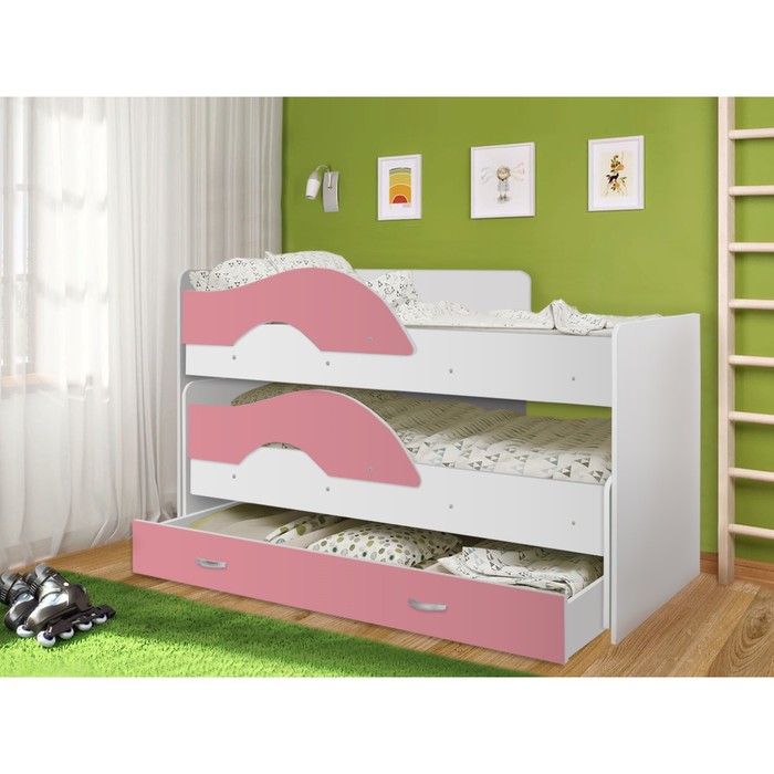 Кровать двухъярусная выкатная Матрешка Розовый/белый 800х1600 с ящиком