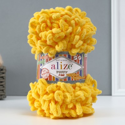 Плюшевая пряжа для вязания руками ALIZE, Puffy fine, 100% микрополиэстер, 14.5 м/100 г, (113 жёлтый)