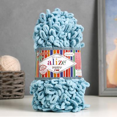 Плюшевая пряжа для вязания руками ALIZE, Puffy fine, 100% микрополиэстер, 14.5 м/100 г, (414 лазурный)