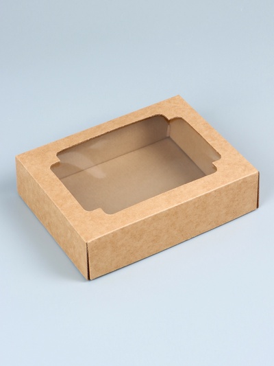 Коробка сборная без печати крышка - дно бурая с окном 18×15×5 см