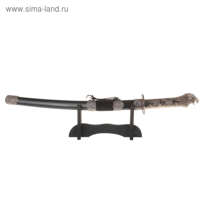 Сувенирное оружие «Катана на подставке», чёрные ножны, на рукоятке — голова орла - Фото 1