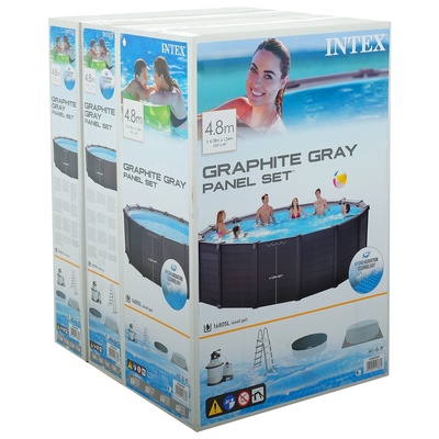 Бассейн каркасный Graphite Gray, 478×124 см, песочный фильтр-насос, лестница, тент, подстилка, круглый, 26384NP INTEX