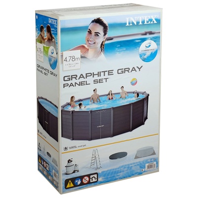 Бассейн каркасный Graphite Gray, 478×124 см, песочный фильтр-насос, лестница, тент, подстилка, круглый, 26384NP INTEX