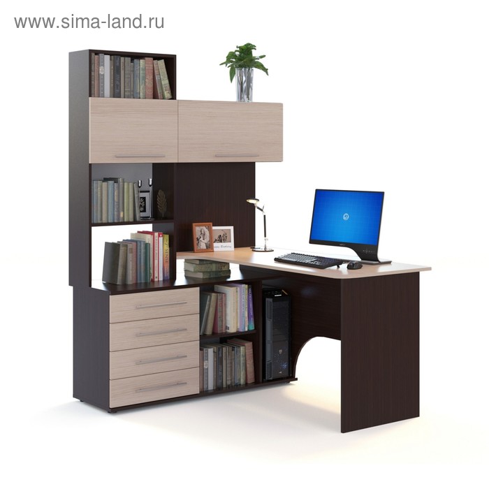 Компьютерный стол, 1400 × 1236 × 1828 мм, левый, цвет корпус венге / фасад белёный дуб