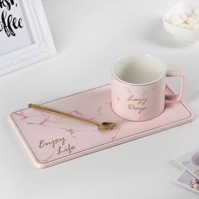 Чайная пара керамическая с ложкой «Эстетика», 2 предмета: кружка 280 мл, подставка 24×12 см, цвет розовый