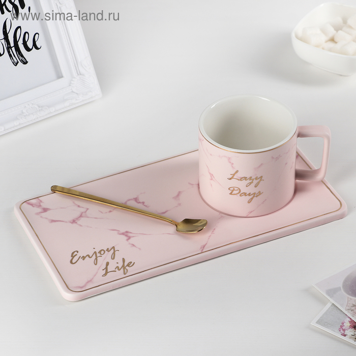 Чайная пара керамическая с ложкой «Эстетика», 2 предмета: кружка 280 мл, подставка 24×12 см, цвет розовый - Фото 1
