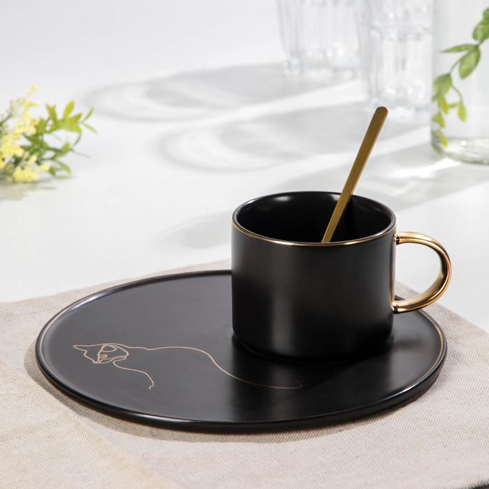 Чайная пара керамическая с ложкой «Силуэт», 2 предмета: кружка 260 мл, тарелка d=19.6 см, рисунок МИКС - Фото 1