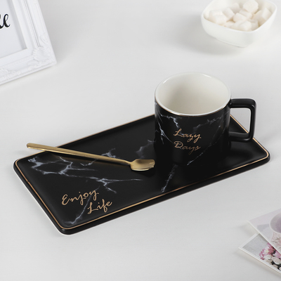 Чайная пара керамическая с ложкой «Эстетика», 2 предмета: кружка 280 мл, подставка 24x12 см, цвет чёрный