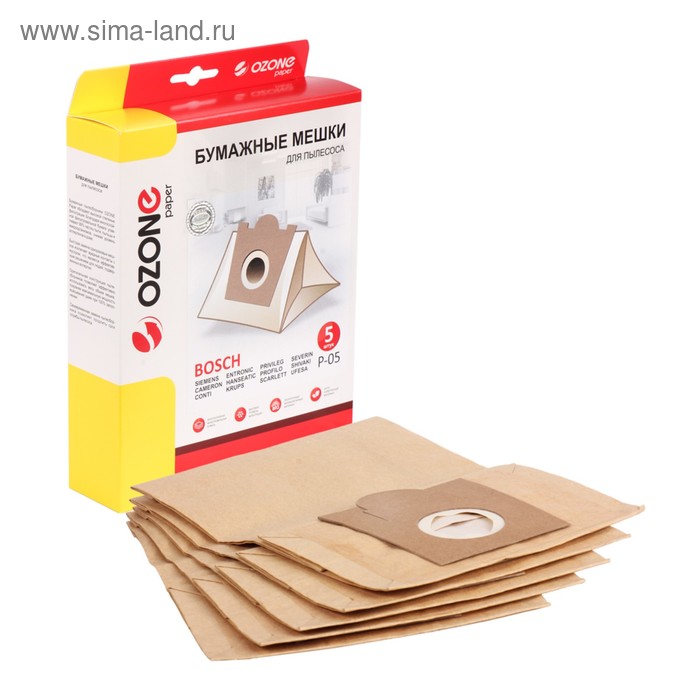 Мешки-пылесборники P-05 Ozone бумажные для пылесоса, 5 шт - Фото 1