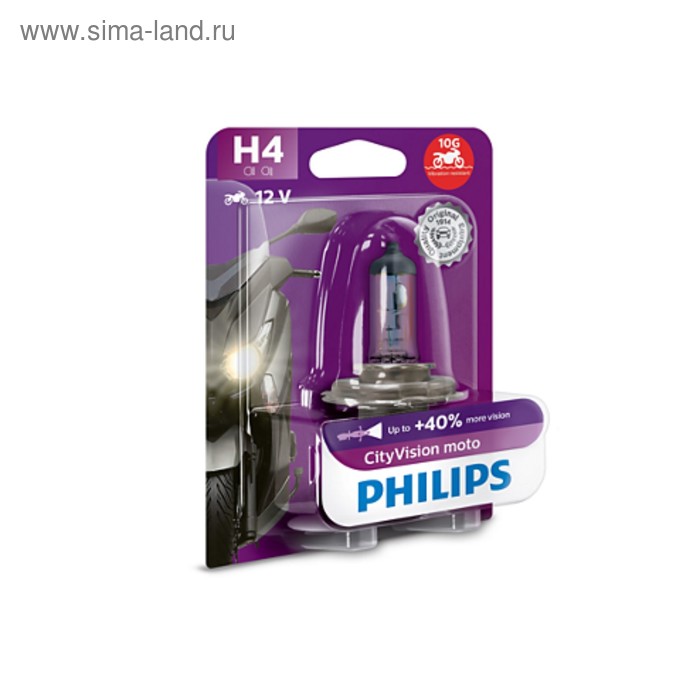 Лампа для мотоциклов Philips, 12 В, H4, 60/55 Вт, CityVision, +40%, белый яркий - Фото 1