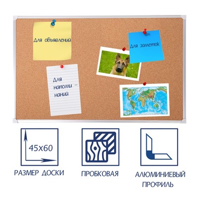 Доска пробковая А2, 45×60 см, Calligrata СТАНДАРТ, в алюминиевой рамке