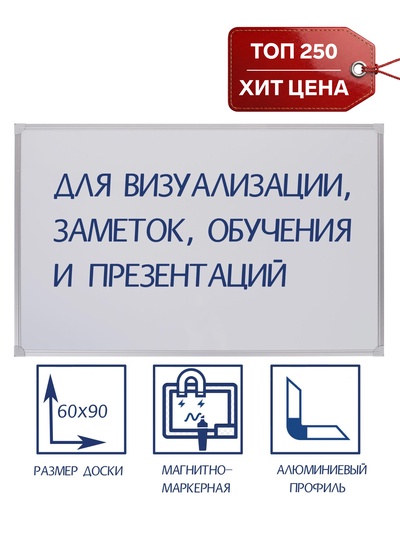 Доска магнитно-маркерная, Calligrata REEF, 60×90 см, в алюминиевой рамке, с полочкой