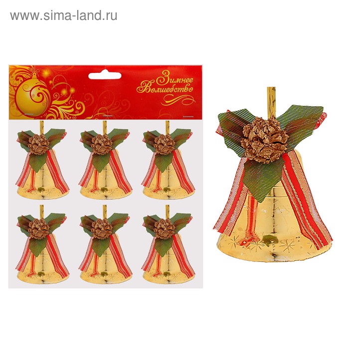 Украшение ёлочное "Колокольчик с шишечкой" (набор 6 шт) 4 см золото - Фото 1