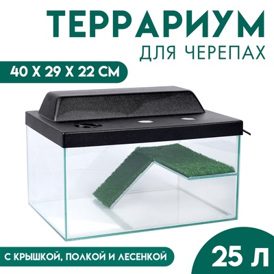 Террариум для черепах 25 л, с крышкой, полкой и лесенкой, 40×29×22 см