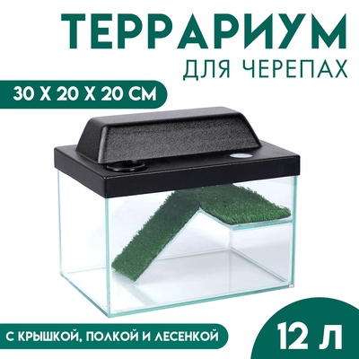 Террариум для черепах 12 л, с крышкой, полкой и лесенкой, 30×20×20 см