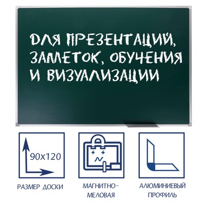 Доска магнитно-меловая, 90х120 см, ЗЕЛЁНАЯ, Calligrata СТАНДАРТ, в алюминиевой рамке, с полочкой