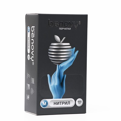 Перчатки Benovy, медицинские, нитриловые, голубые, 3 г, M, 100 пар/уп