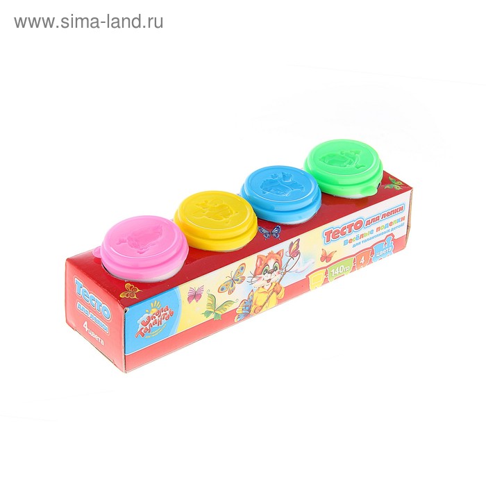 Тесто для лепки, набор 4 цвета, 140гр + крышка-формочка - Фото 1