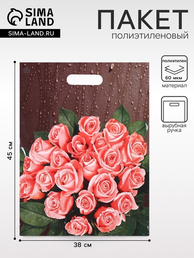 Пакет «Розы после дождя», полиэтиленовый с вырубной ручкой, 60 мкм, 38×45 см