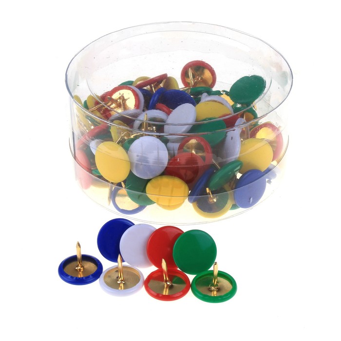 Кнопки канцелярские 12мм с цветной пластиковой головкой, в пластиковой баночке 100 штук
