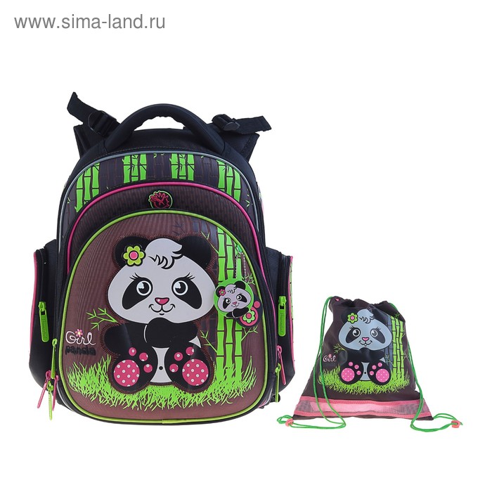 Рюкзак каркасный Hummingbird TK 37 х 32 х 18 см, мешок, для девочки, «Панда», чёрный/зелёный - Фото 1