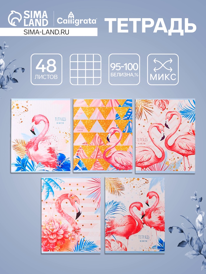 Тетрадь 48 листов в клетку, Calligrata «Фламинго», МИКС