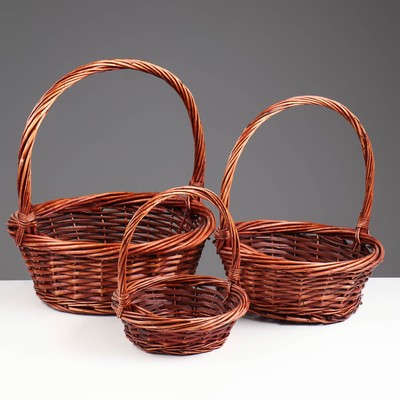 Корзина плетёная для хранения, ива, круглая, коричневая, с ручкой, набор 3 шт.