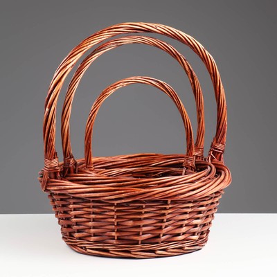 Корзина плетёная для хранения, ива, круглая, коричневая, с ручкой, набор 3 шт.