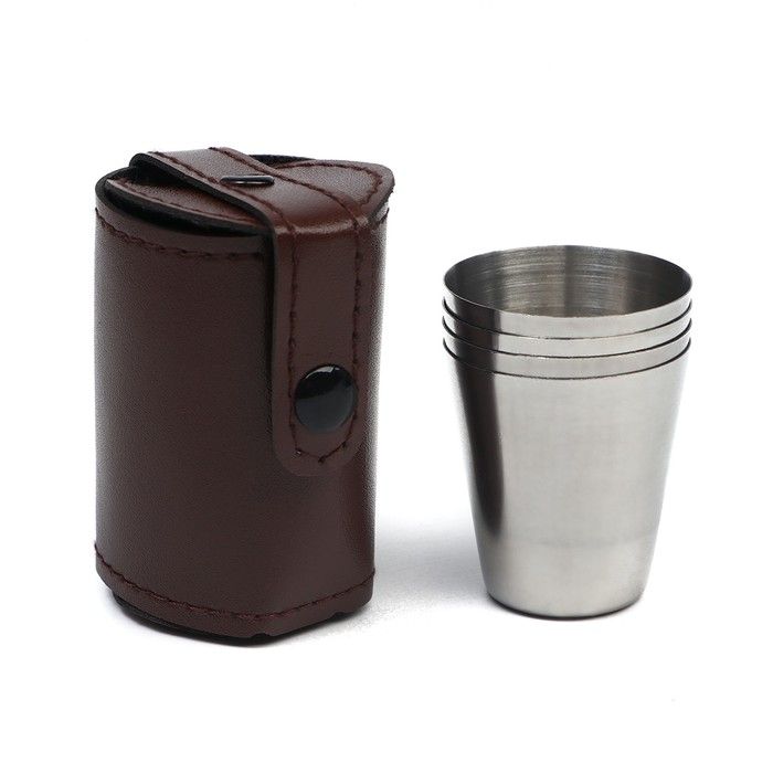 Набор стопок, 30 мл, 4 шт. 4×3.5 см, чехол, нержавеющая сталь, коричневый - Фото 1