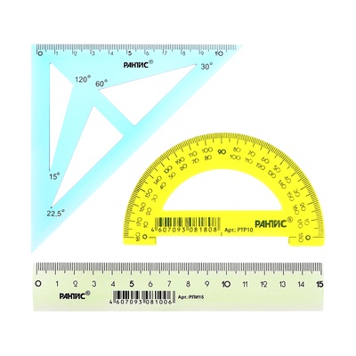 Набор чертёжный «РАНТИС», малый (линейка 15 см, транспортир 10 см, треугольник-трафарет)