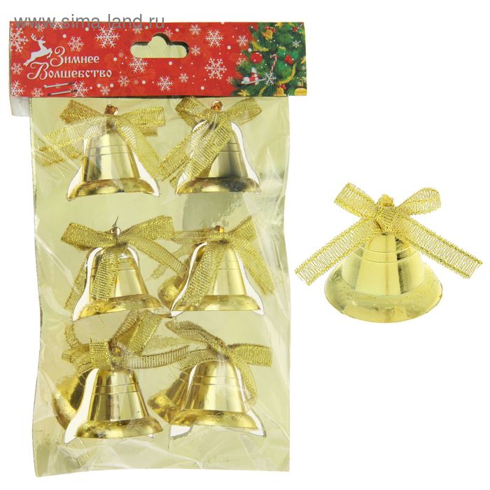 Украшение ёлочное "Колокольчики со звёздочками и бантиком" (набор 6 шт) 3,5 см золото - Фото 1