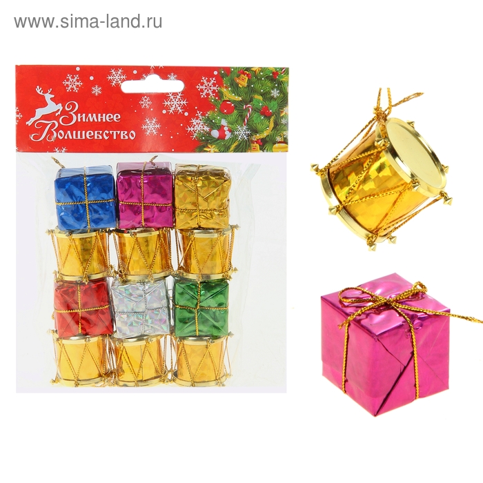 Набор украшений пластик 12 шт "Подарки и барабаны" 2,5 см - Фото 1