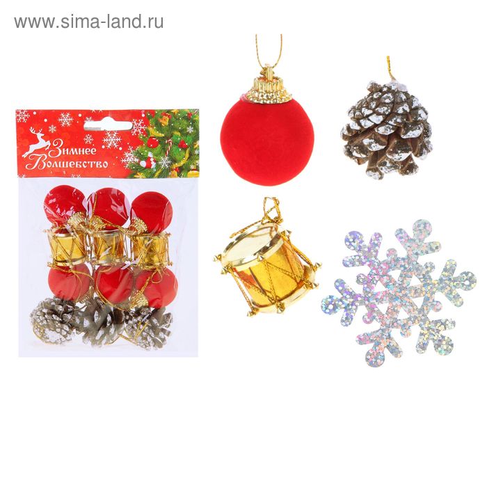 Набор украшений пластик 13 шт "Зимний праздник" (шишки,шарики,барабаны,снежинка) - Фото 1