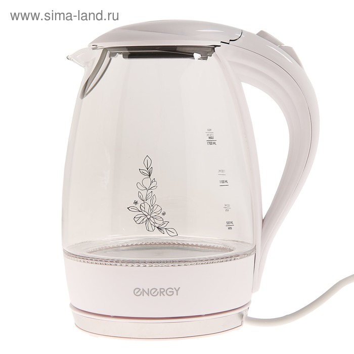 Чайник электрический ENERGY E-262, стекло, 1.7 л, 2200 Вт, белый - Фото 1
